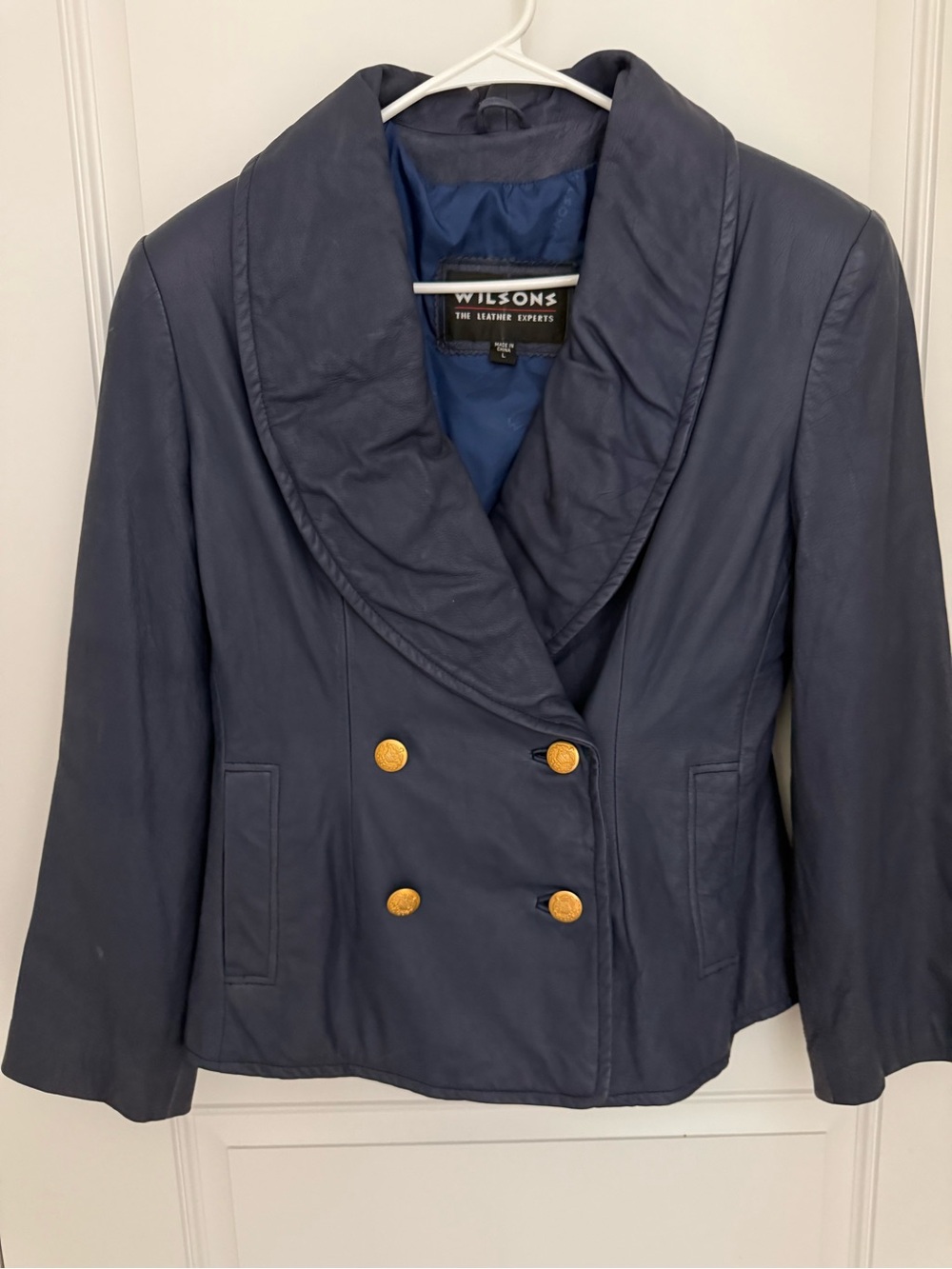 Wilsons The Leather Experts Navy Blue Double-Breasted Leather Jacket L Vintage